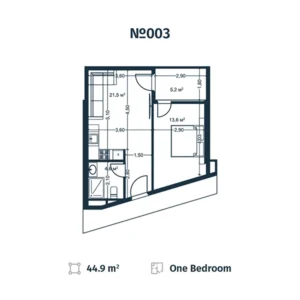 План апартаментов N3 в стадии строительства - Однокомнатные, 44,9 м2